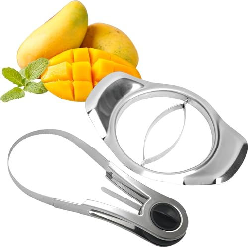 Coupe Mangue Inox,Forreen 2 Pièces Trancheuse à Mangue avec Poignée Antidérapante Coupe-Melon Multifonctionnel Outil de Préparation de Mangue pour Mangue,Pastèque et l'Ananas