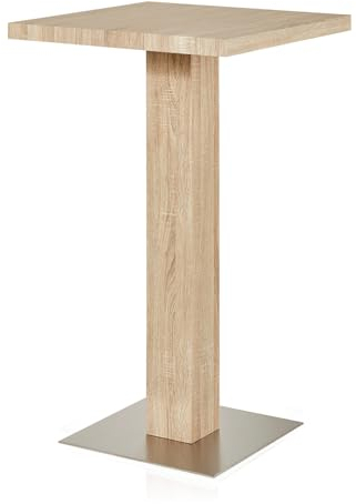 UNO Bartisch 70 x 70 x 107 cm Tischplatte und Säulengestell Holzwerkstoff foliert, Eiche Sonoma Optik, Küchentisch, Küchentresen, quadratischer Stehtisch, Bodenplatte Edelstahl gebürstet