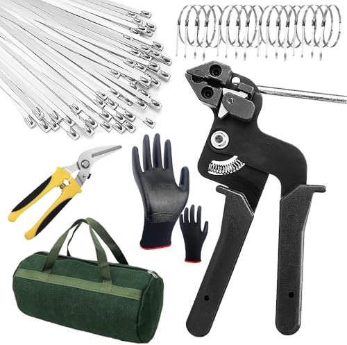 Apperloth A Stainless Steel Cable Tie Gun Metal Tie Wrap Gun Kit Heavy Duty Metal Zip Tie Tool for Fastening and Cutting Metal Cable Ties With 15.75in Self-Locking Stainless Steel Zip Ties