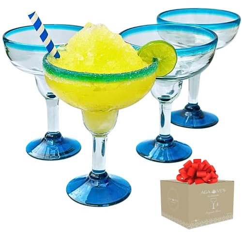 AGAVE'S GLASSWARE Margarita Glasses Set of 4 (16 oz) – Aqua Rim Margarita Glass, Mexican Glassware, Handmade, Gift Box, Cocktail Glasses, Margarita Cups (Traditional Aqua Rim).