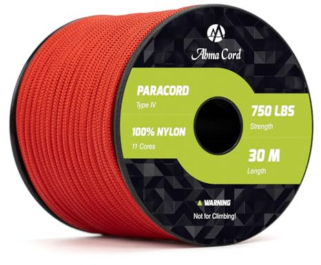 Abma Cord Paracord 750lb 4mm 30M 100% Nylon Seil 11 Kern Typ IV Schnur für Basteln, Camping, Survival, Outdoor - Max. 340kg - Rot