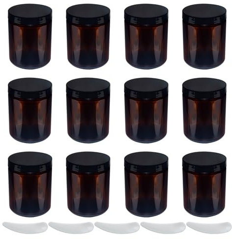 Lot de 12 bocaux à crème vides en verre ambré de 240 ml avec 5 spatules et couvercles pour cosmétiques, lotions, crèmes