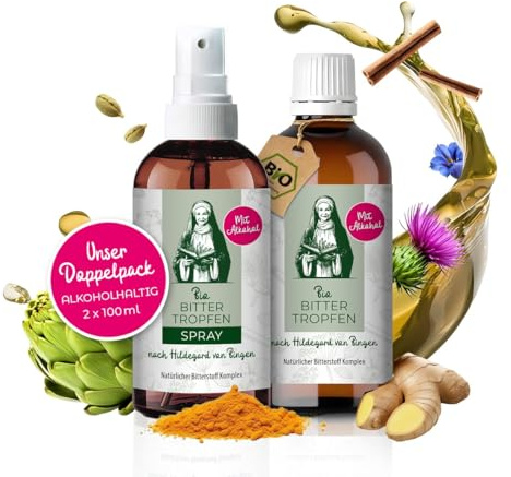 Aura vom Land Bio Premium Bittertropfen & Bitterspray nach Hildegard von Bingen 2x100ml Set – Hochdosierte Bitterstoffe Komplex als Tropfen/Spray – 9 Natürliche Bitterkräuter Bitter