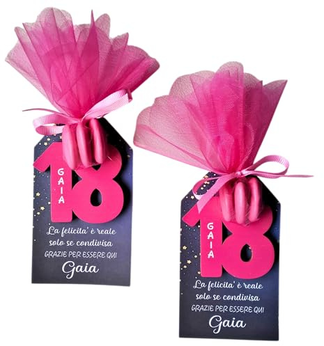Bomboniera 18 anni ragazza, segnaposto di ringraziamento con megnete in legno nr 18, gadget originali ed eleganti, complete di confetti KIT da 8 PEZZI