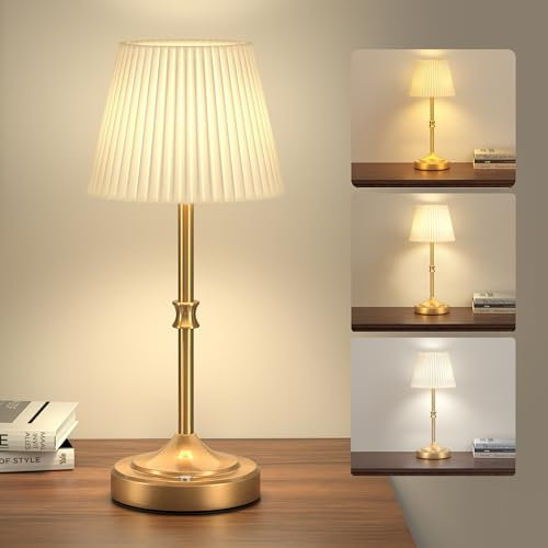 JACKYLED Tischlampe Kabellos, 5400mAh Tischlampe Akku, 3 Lichtfarben & Helligkeit Einstellbar,Led Tischlampe für Küche, Schlafzimmer, Wohnzimmer, LED Vintage Tischlampe (Gold Messing)