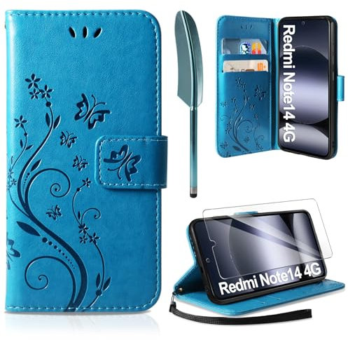 AROYI Lederhülle Kompatibel mit Xiaomi Redmi Note 14 4G (Nicht für 5G) Hülle und Schutzfolie, Flip Wallet Handyhülle PU Leder Case Schutzhülle Kompatibel mit Xiaomi Redmi Note 14 4G Blau