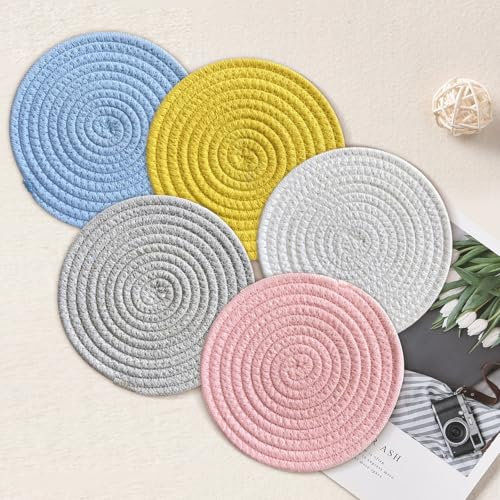 SHUOHONG 5 Stück Farben Runde Geflochtene Untersetzer, Untersetzer Gläser, Coasters, Baumwollseil Gewebtes Tischset, Topf Heiß Pads, Küchendekoration für Tisch und Arbeitsplatte