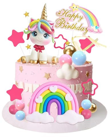Einhorn Tortendeko, 29 Stück Einhorn Kuchen Deko, Macaron Cake Topper, 3D Einhorns Kuchen Topper Set, Happy Birthday Topper Regenbogen Wolke Sterne Ball, für Baby Dusche Geburtstag Hochzeit Party