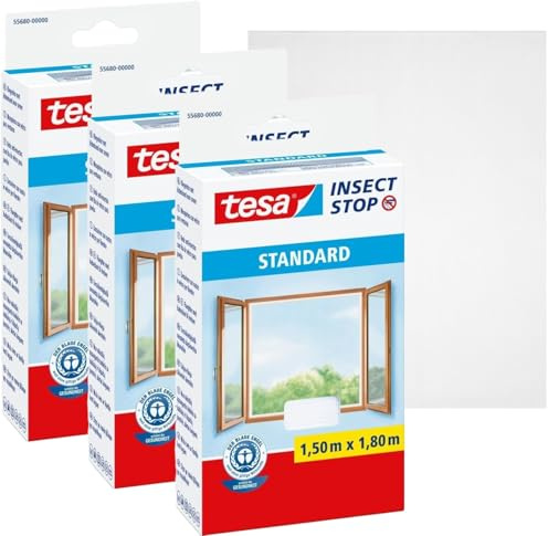 tesa Insect Stop Standard Fliegengitter für Fenster - Insektenschutz zuschneidbar - Mückenschutz ohne Bohren (3 Stück, Weiß (Leichter Sichtschutz), 1,5m:1,8m)