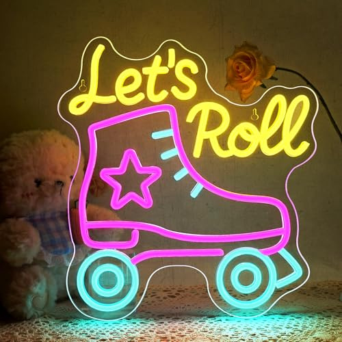ineonlife Let's Roll Neon Schild Rollschuh Led Schild Led Schriftzug für Wand Dekor Leuchtschilder Zeichen für Rollschuhbahn,Kinderspielplatz,Kindergeburtstag,Kinderzimmer,Rollschuhgeschäft