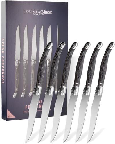 Taylors Eye Witness Premium Steak Knives Set of 6 - Stainless Steel Steak Knife with Sharp Serrated Blade and Ergonomic Grey Pakkawood Handle, Durable – Effortless Slicing for Meat & More