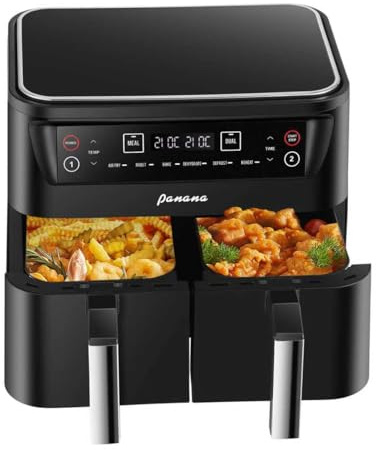 Panana 8L Air Fryer, Friteuse à air 6 en 1 à double zone et 2 paniers, 2400W, compatible avec le rôtissage, la cuisson au four, la déshydratation, le dégivrage et le réchauffement pour préparer
