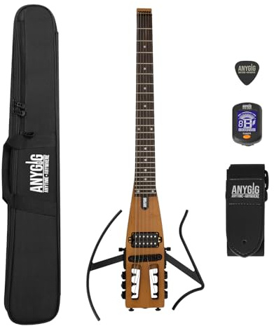 Anygig Reise E Gitarre, Kopflose Gitarre – Volle Größe, ultraleicht (wiegt nur 1,8 kg), 100 % Ahorn, digitales Stimmgerät, Gitarrentasche, Ständer, geeignet für Linkshänder und Rechtshänder, Braun