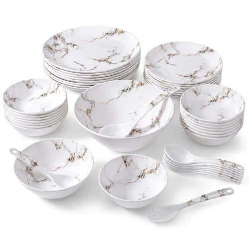 Royal Swiss Vajilla de melamina, 34 piezas para 6 personas, diseño de mármol blanco, irrompible, fácil de apilar, apto para lavavajillas, vajilla de camping para casa, jardín, pícnic