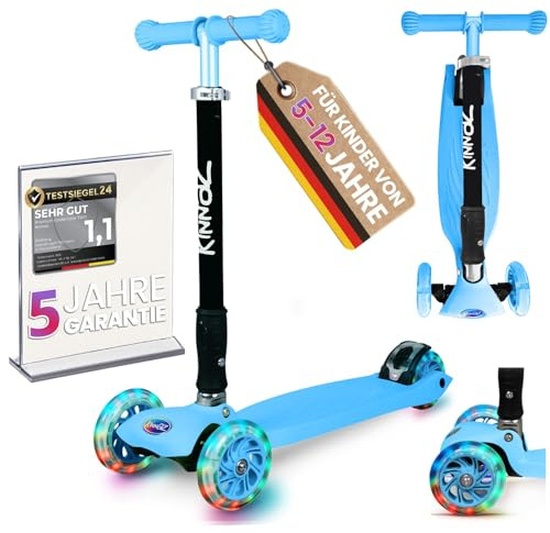 Kinderroller ab 5-12 Jahre kinnaz Two, LED Räder, faltbar, stufenlos Höhe einstellbar, Roller für Kinder extra breit stabil, bis 80KG, ab 5, 6, 7, 8. 9, 10 Jahre, erweiterer Service, aus Hamburg