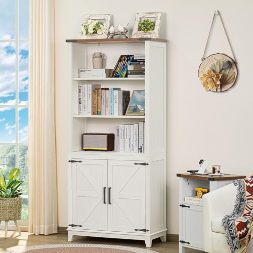 LELELINKY 70in Tall Bookshelf 5 Tier Bookcase with Barn Doors and Adjustable Shelves, White Farmhouse Book Shelf with Storage Cabinet, Wood Freestanding Display Bookshelves for Bedroom, Living Room