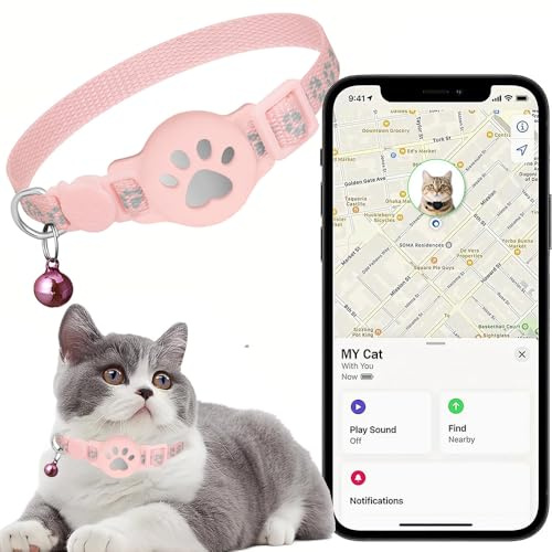 Collar GPS Gatos, GPS para Gatos sin Cuota Mensual, No Requiere SIM, Collar Localizador Compatible con Apple Find My (Solo iOS) (Collar + rastreador Rosa)