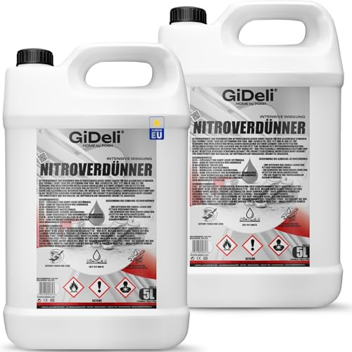 GiDeli Nitroverdünnung 2 x 5 L - Pinselreiniger und Werkzeugreiniger | Universalverdünnung für zwei Arbeitsplätze, wäscht Spritzgeräte aus, entfettet Metall