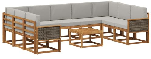 vidaXL Outdoor-Sofagarnitur mit Kissen 10 pcs Natürlich und Hellgrau, Akazien-Sofa-Set, modernes Outdoor-Sofa, Robustes Gartenmöbel, wetterfest, umbaubar und gemütlich