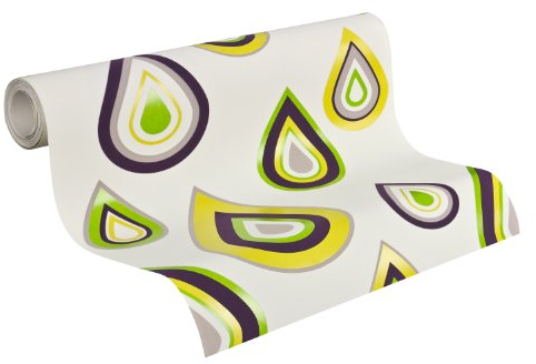 Livingwalls 255143 Lars Contzen Designertapete Pretty Drips, zitronengelb, purpurviolett, seidengrau, hellgrün, weiß