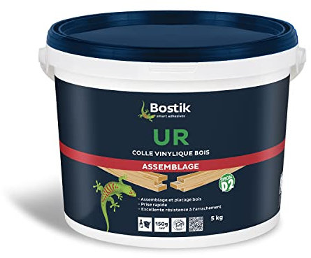 Bostik UR - Colle Vinylique Bois - D2 - Assemblage et Placage Bois Toutes Essences - Prise Ultra Rapide - Intérieur - Résistant à l'Humidité - Blanc, Translucide Après Séchage - Seau 5 kg