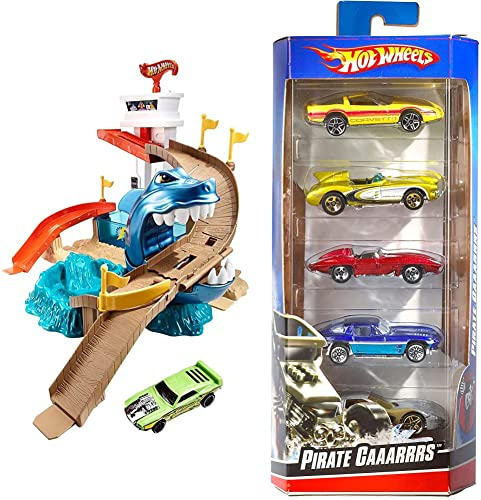 Hot Wheels BGK04 - City Color Shifters Hai-Attacke Spielset, Spielzeug Autorennbahn ab ab 4 Jahren & 01806 5er Pack 1:64 Die-Cast Fahrzeuge Geschenkset, je 5 Spielzeugautos, ab 3 Jahren