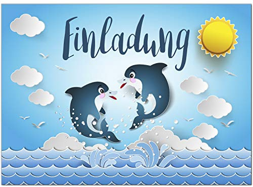 8 Einladungskarten Kindergeburtstag mit Umschlägen, 2 Delfine/Schimmen Schwimmbad, Karte Geburtstag Einladung zum Ausfüllen