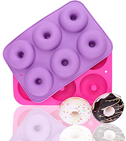 2-Pack Donut Pan Set, DesignerBox Silicone Doughnuts Tin Baking Tray Maker Pan, Non-Stick Cake Mold, Easy to Bake Full Size Perfect Shaped Donuts to Sweeten Your Hole Day (Light Purple & Rose red)