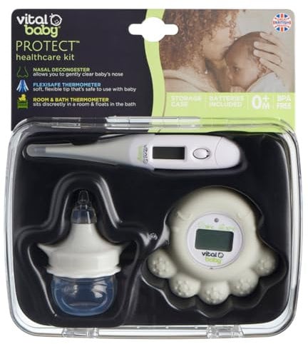 Vital Baby PROTECT Healthcare Kit for Baby - 3pcs Room and Bath Thermometer, Nasal Aspirator, Body Digital Thermometer – Essential Newborn Baby Health and Safety