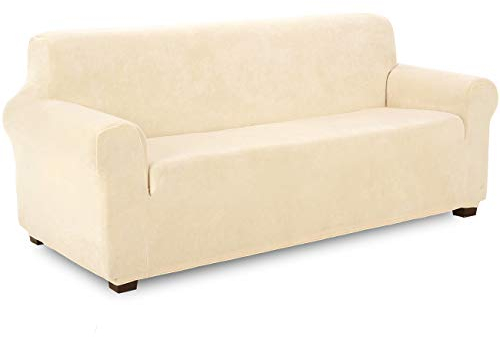 TIANSHU Samt Sesselbezug 3 sitzer,Soft Velvet Plush Couchbezug stilvolle Luxus-Möbelbezüge Anti-Rutsch-High Stretch Sesselbezug(3 Sitzer,Beige)