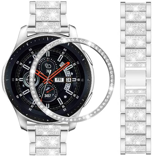 DEALELE Armbänd Kompatibel mit Galaxy Watch 46mm, 22mm Strass Diamant Edelstahl Metall Armband mit Lünette Ring Hülle Ersatz für Samsung Gear S3 Frontier/Classic Damen Herren, Silber