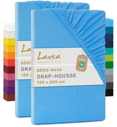 Lavea® 2er Pack Jersey Spannbettlaken 120x200cm – Himmelblau | 100% Baumwolle – Weiches Bettlaken für Matratzen bis 20 cm Höhe – Formstabil und Langlebig