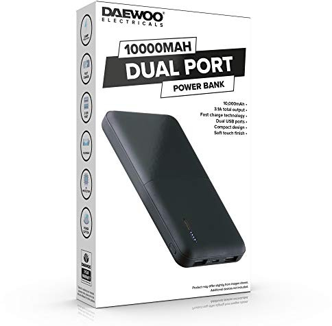 Daewoo 10000MAH Dual USB Port Power Bank with Fast Charge 2.0A Output, Compact Design and Soft Matte Finish, LED Light Indicator and SMART IC Protection, Use with Compatible Adaptor