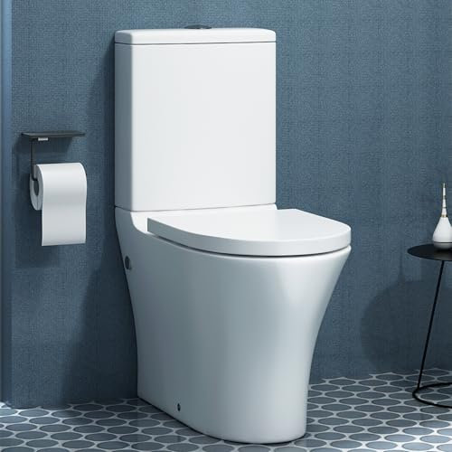 Peak Rimless Close Coupled Toilet Gloss White Round Pan with Dual Flush Cistern & Quick Release Soft Close Seat Bathroom WC Unit