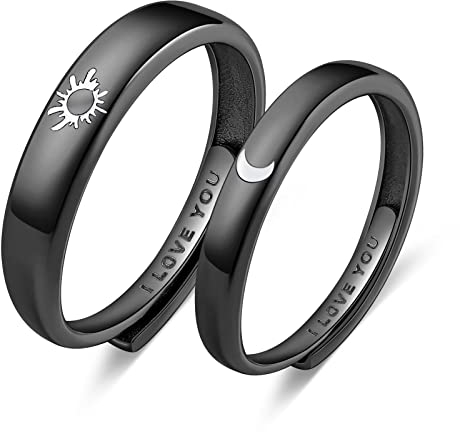 Beydodo Verlobungsring Paar mit Gravur I Love You, Ringe Silber 925 Damen Herren Sonne Mond Schwarz Trauring Partnerringe für 2
