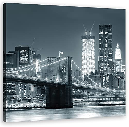 Feeby Vlies Leinwandbild XXL USA Manhattan bei Nacht NYC 80x80 cm Wandbild Kunst Bilder Schlafzimmer Deko Wohnzimmer New York City Skyline BrooklynBrücke schwarz-weiß