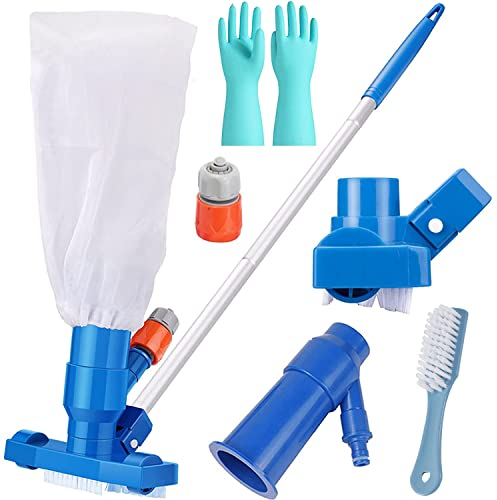 Aspirateur de Piscine, Mini Aspirateur Portable Accessoires avec 5 Sections de Poteau et Sacs à Filet, Kit Nettoyage Piscine pour la Nettoyage des Stagnes des Piscine Hors Terre