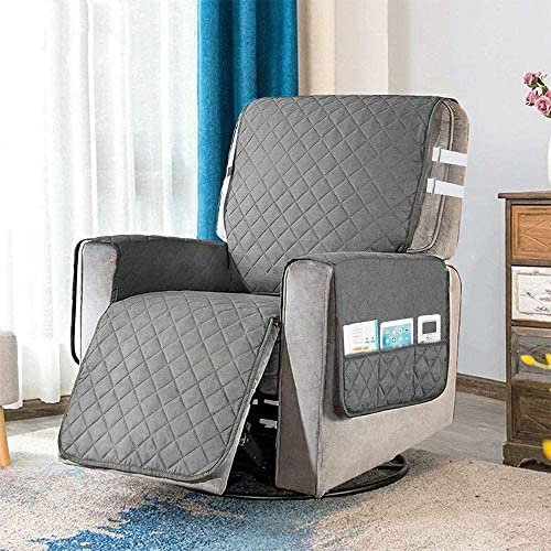 miuline Housse Fauteuil Relax Matelassé Anti-dérapant, Couvre Fauteuil Relax Inclinable avec 2 Sangles de Serrage Blanches, 6 Poches Latérales, Couverture Protecteur Canapé 1 Place (Gris)