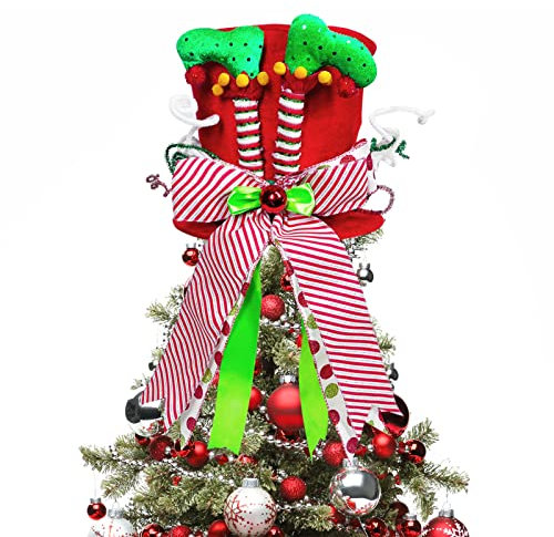 Lordaeron Christmas Tree Topper Hat,Large Red Velvet Hat with Elf Legs and Lengthened Bowknot Christmas Tree Decorations Tabletop Ornaments for Holiday Home Decor