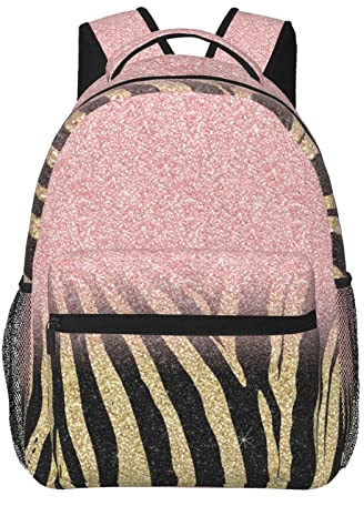 Lässiger Rucksack Girly Rose Gold Glitter Sparkles Schwarz Zebra-Print Klassische Bookbag Wasserabweisende Schultasche Lässiger Tagesrucksack mit Seitentaschen