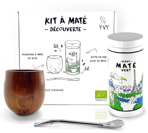 YVY MATÉ Kit Mate Completo | Calebajo de madera, Bombilla y caja de hierro Mate Verde Orgánico Grande Cru 100g | Estuche para principiantes u regalar, regalo original