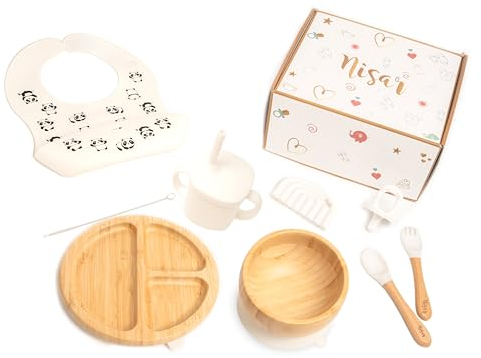 Coffret Repas Bébé en Bambou et Silicone Sans BPA - Set de table bébé - Complet avec Bavoir, Couverts, Bol Ventouse, Sucette, Anneau de Dentition - Idéal Cadeau (Blanc)