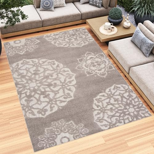 TAPISO Patio Teppich Outdoor Indoor Beige Grau Blumen Ornament Sisaloptik Strapazierfähig Wasserfest Wetterfest Küche Wohnzimmer ÖKO-TEX 300 x 400 cm