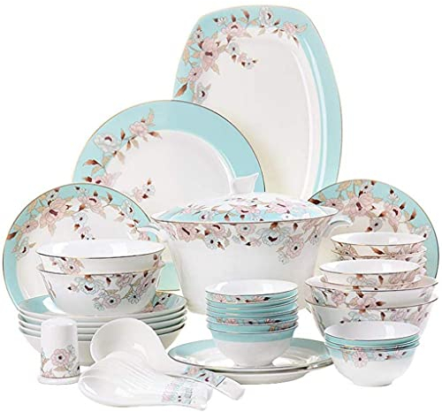 Dinnerware Set,Porcelain Dinnerware Set Plant Floral Pattern Dining Tableware with Fish Plate Spoon Bowl Pot