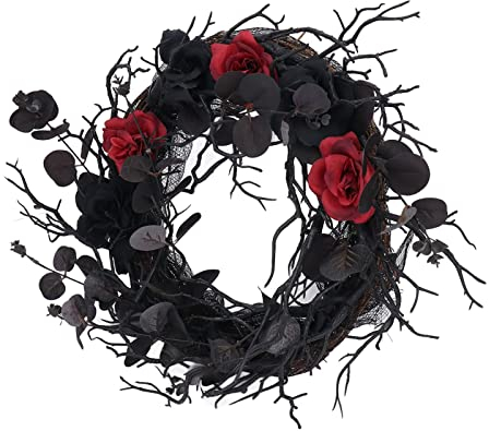 ZHDOKA Einzigartiger Halloween-Türkranz mit Eukalyptusblättern, Halloween-Gothic-Kranz mit Roten Rosen, Künstlicher Schwarzer Eukalyptus-Kranz für Drinnen und Draußen, Wand, Fenster, Kamin, Heimdekora