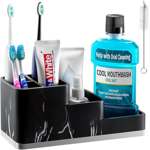 VITVITI Toothbrush Holder for Bathroom, Electric Toothbrush Holder with Drainage, Black Bathroom Organiser Storage, 5-Compartment Bathroom Organiser Countertop Storage for Vanity Marble Stair