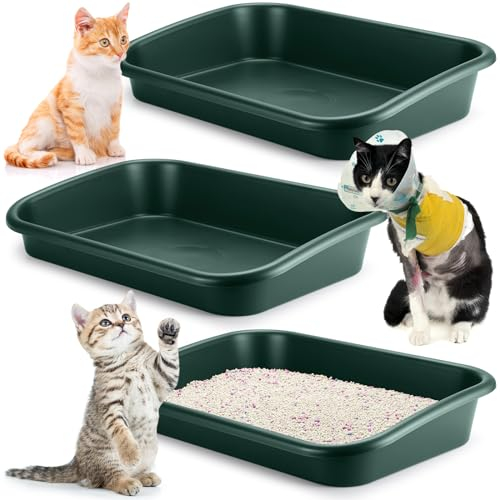 Uiifan 3 Pcs Low Entry Senior Cat Litter Box Large Size Pet Low Entry Open Top Litter Box for Senior Kitten Frail Handicap Disabled Older Elderly Cats, Easy to Clean(Dark Green)