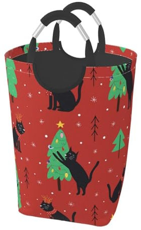 50L Großer Wäschekorb Zusammenklappbarer Wäschekorb Schwarze Katze Und Weihnachtsbaum Kleidung Korb Langlebig Oxford Waschkorb Für Schlafzimmer Badezimmer