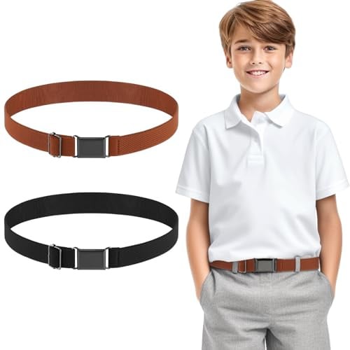 TIESOME 2PCS Adjustable Kids Elastic Belts, Stretch Waist Belts Black Metal Square Buckle Boys Belt for Pants Jeans Uniform