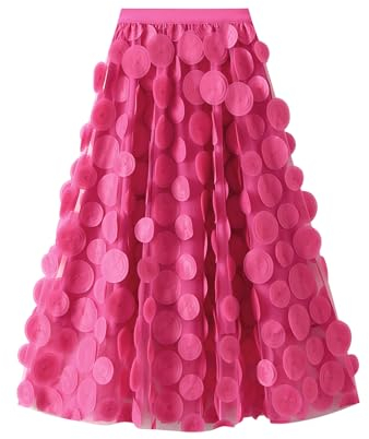 Tüllrock Damen 3D Polka Dot Faltenrock Mesh Flowy Geburtstag Hochzeitsfeier Einfarbig Lang Rock (Rosenrot, One Size)